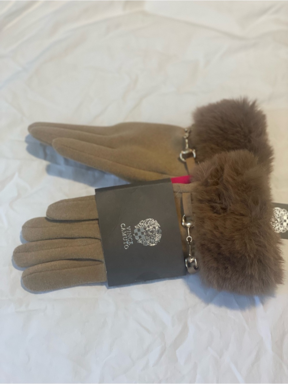 Vince Camuto Brown Faux Fur Cuff Suede Gloves